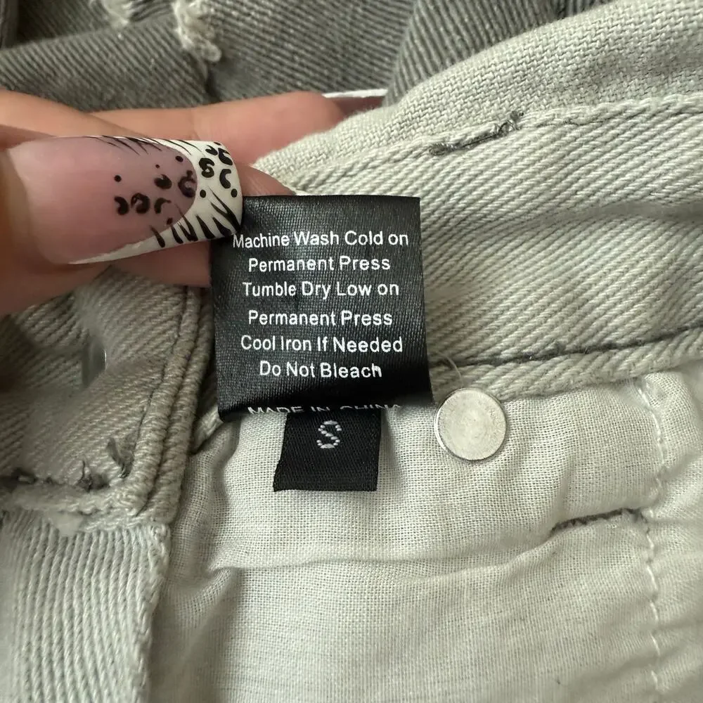 POL overall skirt distressed gray denim ripped torn mini jean overalls S small - Picture 11 of 16